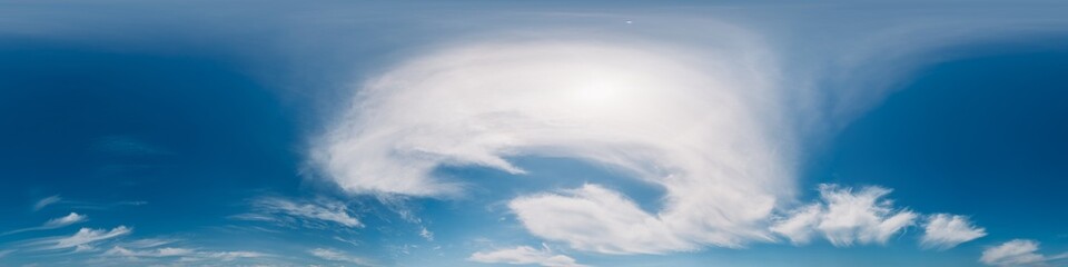 Wall Mural - Sky 360 panorama - Bright blue sky filled with fluffy white Cirrus clouds. Seamless hdr spherical 360 panorama. Sky dome sky replacement for aerial drone 360 panoramas. Weather and climate change