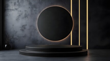 A minimalist display featuring a black circular object surrounded by sleek geometric shapes and ambient lighting against a textured dark wall.