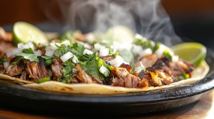 Wall Mural - A hot and steamy plate of pork carnitas tacos with cilantro, onions, and lime, smoke rising from the juicy meat.