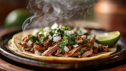 Wall Mural - A hot and steamy plate of pork carnitas tacos with cilantro, onions, and lime, smoke rising from the juicy meat.