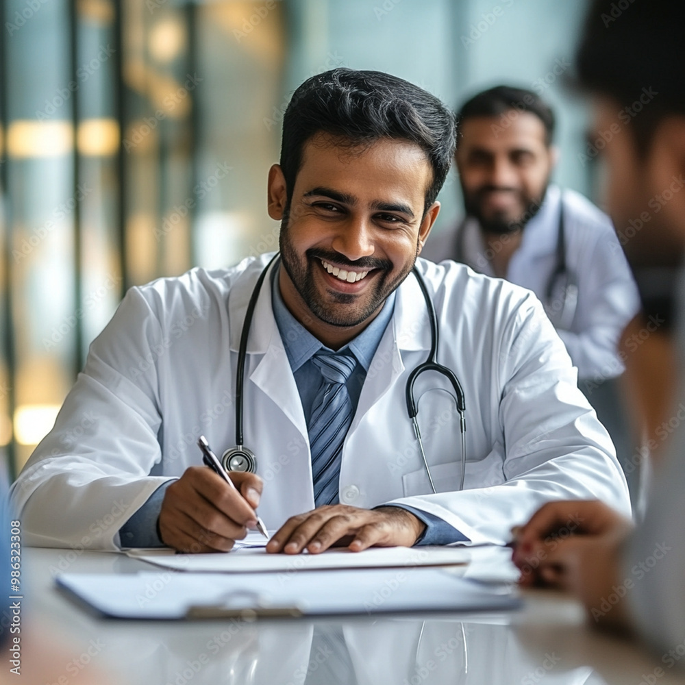Smiling Indian male doctor put signature on legal document during ...