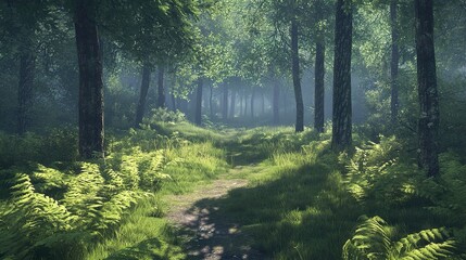 Wall Mural - Sunlit Path Through a Lush Green Forest