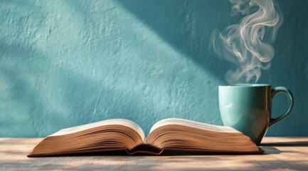 Canvas Print - A cozy morning moment with a steaming cup of coffee and an open book on a quiet table