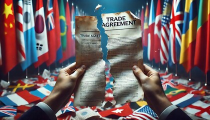 A person tears a trade agreement document in front of a backdrop of international flags, symbolizing global trade disputes or negotiations.