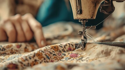 A seamstress sewing a piece of fabric on a vintage sewing machine with threads and patterns in the background