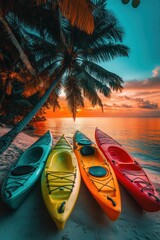 Wall Mural - Kayak boat in tropical beach with coconut tree at sunset