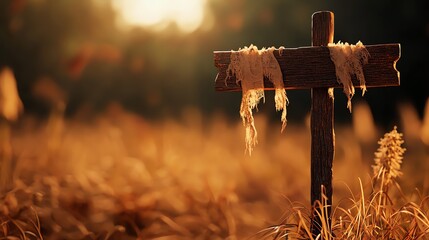 Rustic wooden cross in a golden field at sunset symbolizing spirituality and peace.