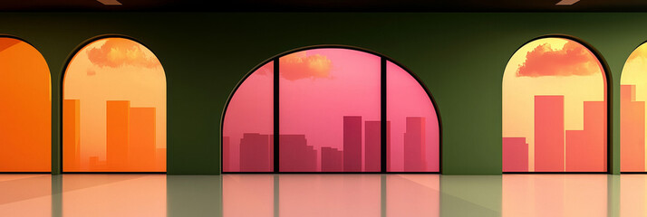 Wall Mural - Arched windows with a cityscape view at sunset.