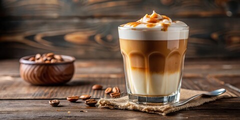 Closeup of a glass with caramel macchiato on a table, perfect for coffee lovers and food photography