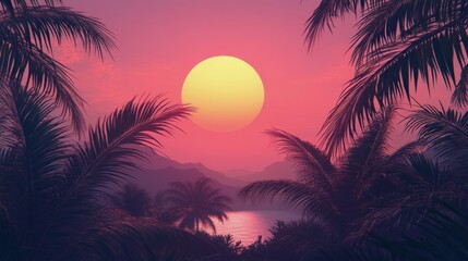 Canvas Print - Vibrant sunset behind silhouetted palm trees in a desert landscape capturing serene beauty