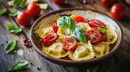 Wall Mural - Freshly prepared ravioli with cherry tomatoes and basil served in a rustic wooden bowl