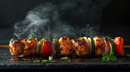 Wall Mural - A juicy, steaming hot grilled chicken kebab with peppers, onions, and zucchini, smoke rising from the skewer.