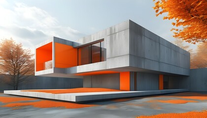 Wall Mural - Sleek Minimalist Concrete Design Highlighted by Vibrant Orange Accents