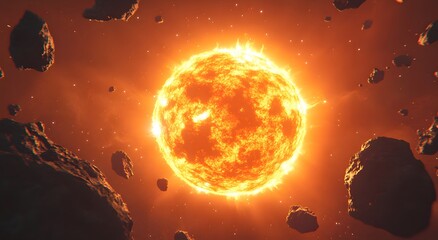 Poster - A bright sun with an orange glow, surrounded by black rocks floating in space. The Sun is large and round, the edges of its surface shining brightly against a dark background. Digital space art