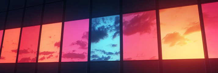 Wall Mural - A wall of windows with a colorful sky in the background.