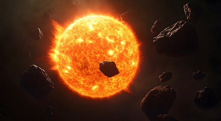Poster - A bright sun with an orange glow, surrounded by black rocks floating in space. The Sun is large and round, the edges of its surface shining brightly against a dark background. Digital space art