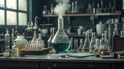 Poster - A lab bench full of chemical glassware, bubbling liquids, and scientific tools, representing the chemistry experiment process.