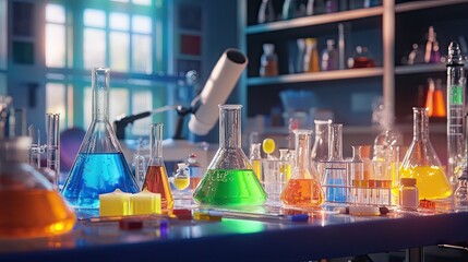 Poster - A lab bench full of chemical glassware, bubbling liquids, and scientific tools, representing the chemistry experiment process.