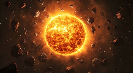 Poster - A bright sun with an orange glow, surrounded by black rocks floating in space. The Sun is large and round, the edges of its surface shining brightly against a dark background. Digital space art
