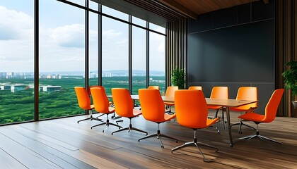 Sticker - Contemporary meeting space featuring expansive windows showcasing a lush city view paired with bright orange seating