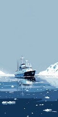 Canvas Print - Boat Sailing on the Arctic Sea with Icebergs in the Background