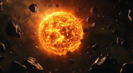 Poster - A bright sun with an orange glow, surrounded by black rocks floating in space. The Sun is large and round, the edges of its surface shining brightly against a dark background. Digital space art