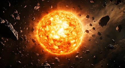 Poster - A bright sun with an orange glow, surrounded by black rocks floating in space. The Sun is large and round, the edges of its surface shining brightly against a dark background. Digital space art