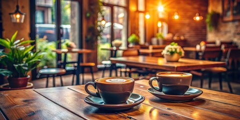 Two cups of hot coffee on wooden table in cozy vintage cafe