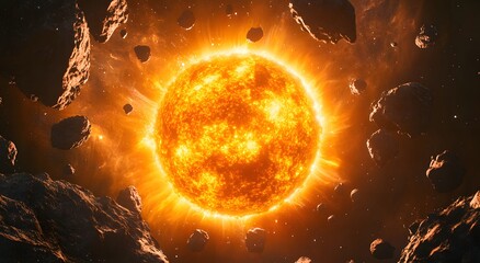 Poster - A bright sun with an orange glow, surrounded by black rocks floating in space. The Sun is large and round, the edges of its surface shining brightly against a dark background. Digital space art