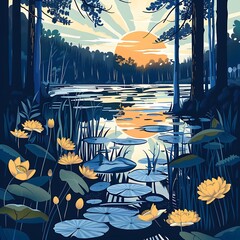 Wall Mural - Sunset Over Forest Lake