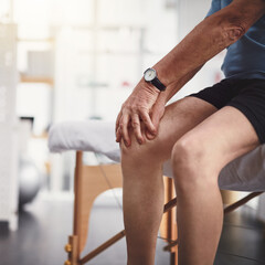 Sticker - Knee pain, injury and closeup of old man in rehabilitation center for holistic healing, chiropractor and physiotherapy. Healthcare, muscle tension and accident with patient in physical therapy clinic