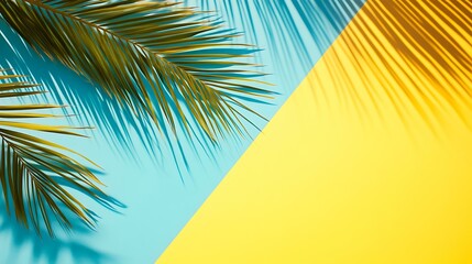 Poster - Tropical Palm Leaf Shadow On Blue Yellow Background