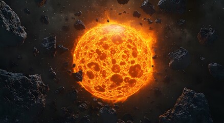 Poster - A bright sun with an orange glow, surrounded by black rocks floating in space. The Sun is large and round, the edges of its surface shining brightly against a dark background. Digital space art