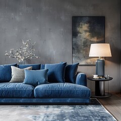 Wall Mural - Grey interior with stylish upholstered blue sofa and lamp