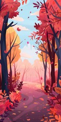 Autumn Forest Landscape Illustration With Falling Leaves