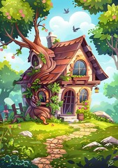 Sticker - A Cartoon Illustration Of A Tree House With A Stone House