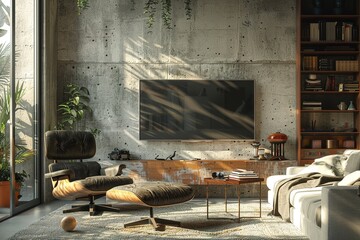 Wall Mural - Creating a model of a modern loft living room with a concrete textured wall background for interior design purposes