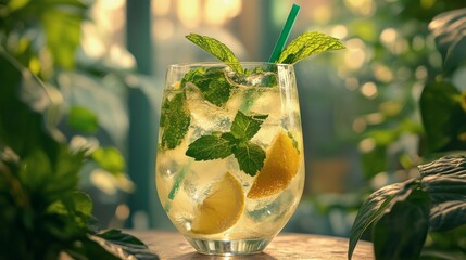 Wall Mural - Refreshing mint and lemon drink served in a glass surrounded by vibrant greenery outdoors