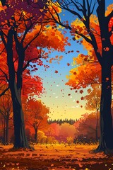 Wall Mural - Autumn Forest Landscape with Falling Leaves