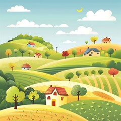 Canvas Print - Cartoon Illustration of Green Rolling Hills with Houses