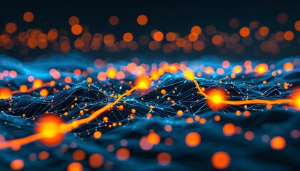 Futuristic abstract terrain with glowing orange nodes and connecting lines on a dark background adorned with bokeh lights