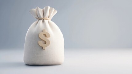 A burlap sack with a dollar sign symbolizes wealth and savings, set against a minimalist background.