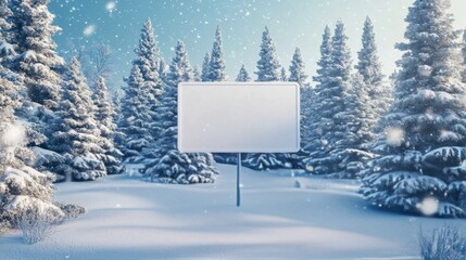 Wall Mural - Winter landscape featuring a blank billboard among snowy pine trees under falling snowflakes