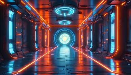 Wall Mural - Futuristic corridor illuminated by glowing neon lights, lined with high-tech equipment, leading to a luminous circular portal