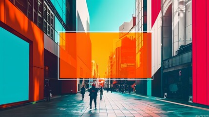 Sticker - Urban Street with Colorful Buildings and People Walking