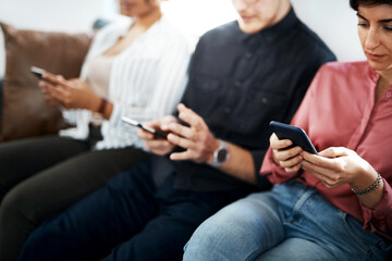 Aufkleber - Business people, waiting room or line with phone for communication, job opportunity or career description at office. Hands, young or group of interns in row on mobile smartphone for online app or web