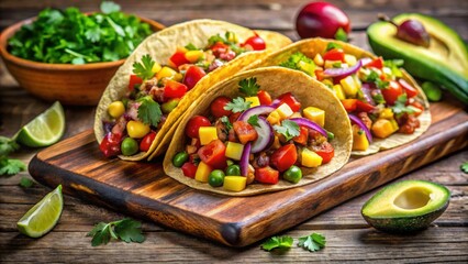 Freshly made Mexican tacos topped with a colorful vegetable salsa and slices of creamy avocado on a rustic wooden surface