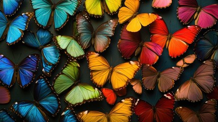 Wall Mural - Multicolored morpho butterflies arranged in a rainbow pattern, creating a stunning, textured background