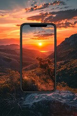 Sticker - Smartphone Displaying Sunset Landscape in Mountainous Terrain