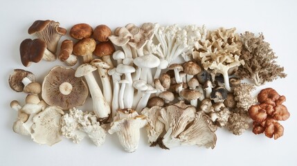 Wall Mural - A mix of gourmet mushrooms arranged artistically on a white background, showcasing their unique textures and earthy appeal